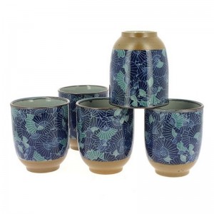 Coffret de 5 tasses à thé du Japon avec décor éventails bleus.